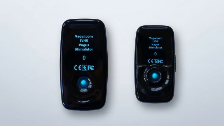 Size comparison of Vagal Buddy second generation tVNS device next to original first generation model on white background