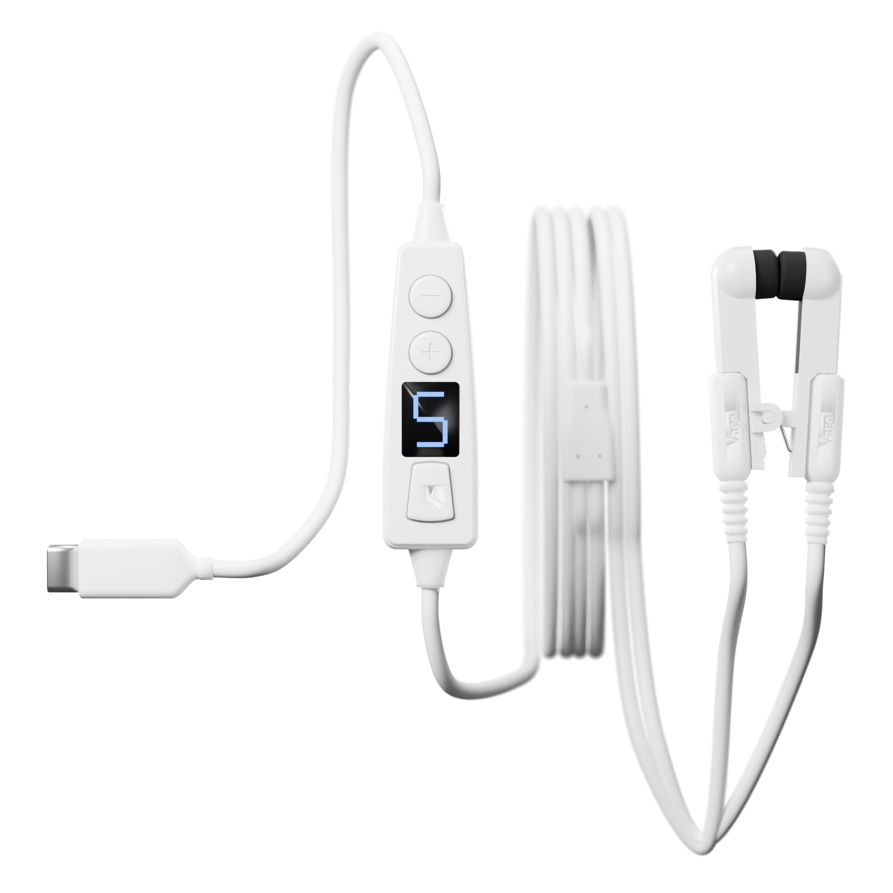 tENS Vagal Boost with its cable coiled and the ear clip attached