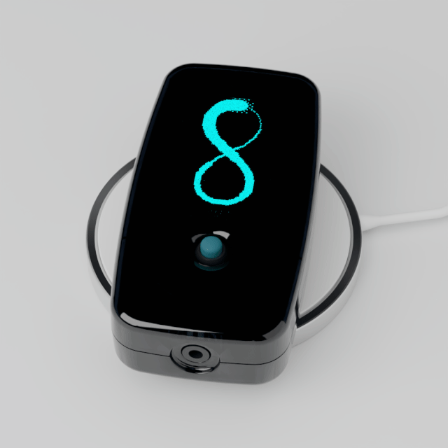 Vagal Buddy tVNS on its wireless charging pad, screen showing an infinity symbol for a session with no time limit