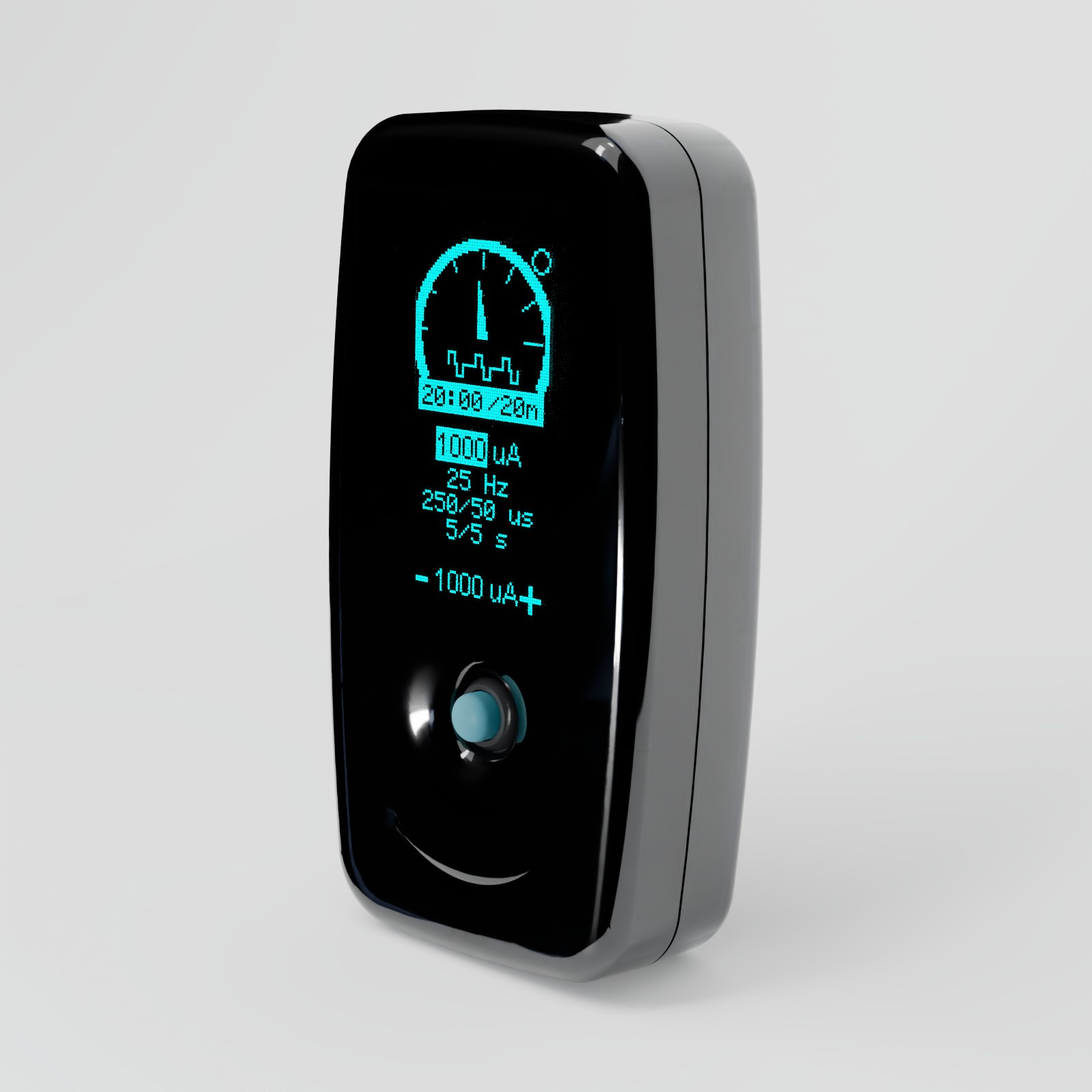 Vagal Buddy Research Edition showing the on-device settings screen: current gauge with waveform, 20 minute timer, 1000 uA highlighted for editing, 25 Hz, 250/50 us phase and interphase, 5/5 s duty cycle