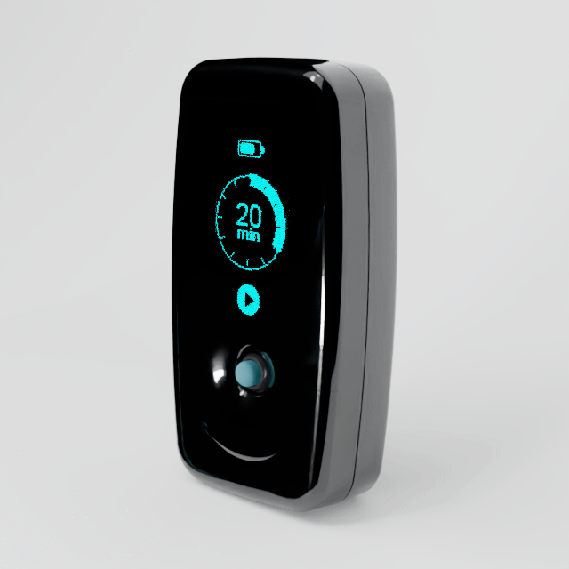 Animation of the Vagal Buddy Research Edition: the joystick opens the settings screen, changes the waveform from symmetric to alternating, raises the current from 1000 to 1200 uA, then steps through frequency, phase, interphase and duty cycle