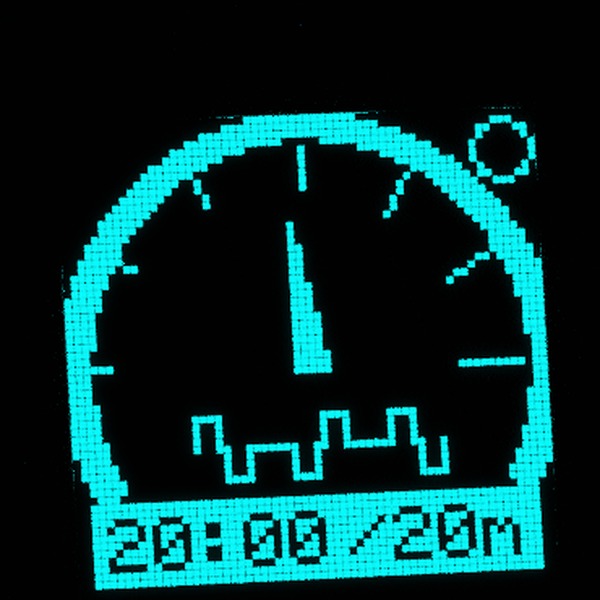 Close-up of the Vagal Buddy display showing the alternating waveform symbol, polarity flipping each pulse, inside the current gauge