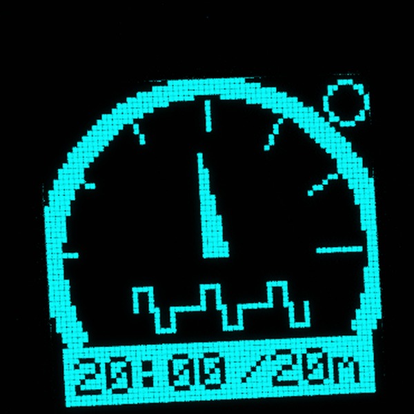 Close-up of the Vagal Buddy display showing the symmetric biphasic waveform symbol inside the current gauge