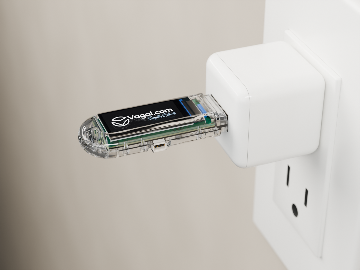 Vagal Hub plugged into a USB charger in a wall socket