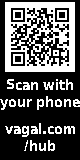 The hub's screen asking for Wi-Fi: a square code, Scan with your phone, and vagal.com/hub